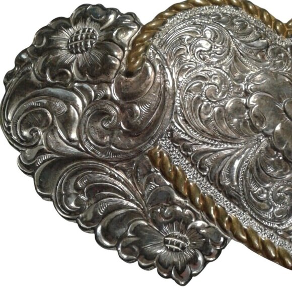 Crumrine Belt Buckle Hearts Flowers Silver Plate over Bronze Ornate Gold Trim main image 6